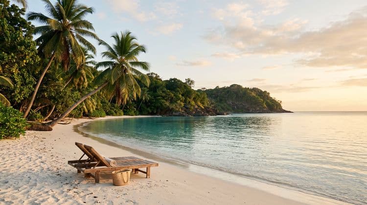 A secluded golden-hour bay with a single empty wooden sun lounger near the water, calm turquoise shallows and a distant green headland