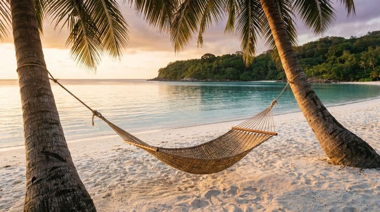 A single woven hammock strung between coconut palms over soft sand at golden hour, a calm turquoise bay and green headland beyond