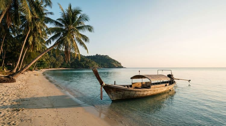 A traditional wooden longtail boat moored in calm turquoise shallows off a quiet Koh Samui beach at golden hour, palms and a green headland behind