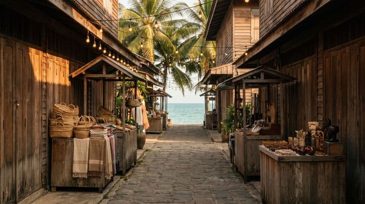 Golden-hour wooden shophouse market lane with woven baskets and crafts on display, palms framing a glimpse of the sea