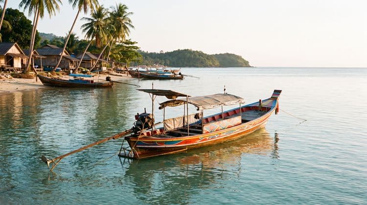 Golden-hour view of a traditional wooden longtail fishing boat moored in calm shallow water off a Koh Samui fishing village, palms and more boats along the shore