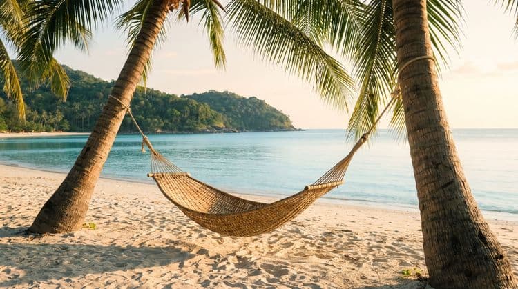 A woven hammock strung between two coconut palms over a quiet Koh Samui beach at golden hour, calm turquoise bay and a green headland beyond