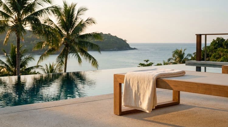 Infinity pool edge at golden hour overlooking a calm Koh Samui bay, a folded towel on a wooden bench, palms and a green headland beyond