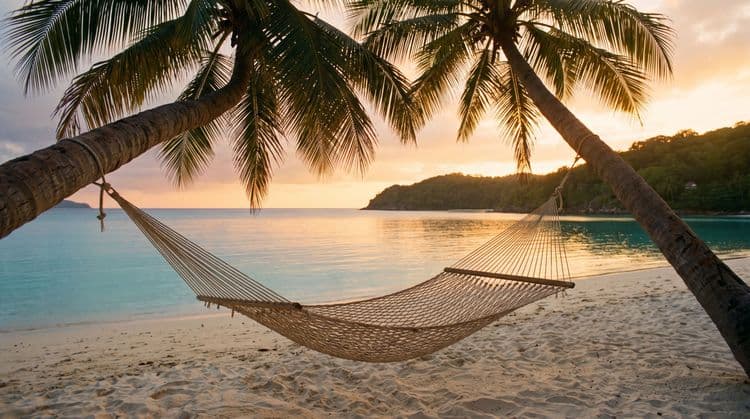A woven hammock strung between two leaning coconut palms over pale sand at golden hour, calm turquoise bay and a green headland beyond