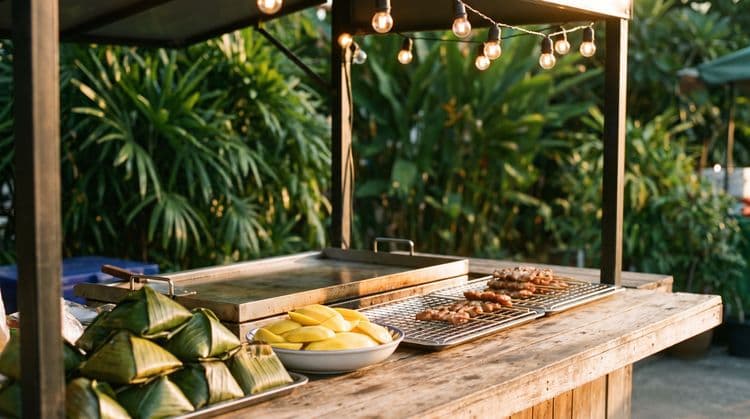 A wooden Thai night-market food stall at golden hour, string lights glowing above a steel griddle, skewers on a rack, banana-leaf parcels and a bowl of cut mango
