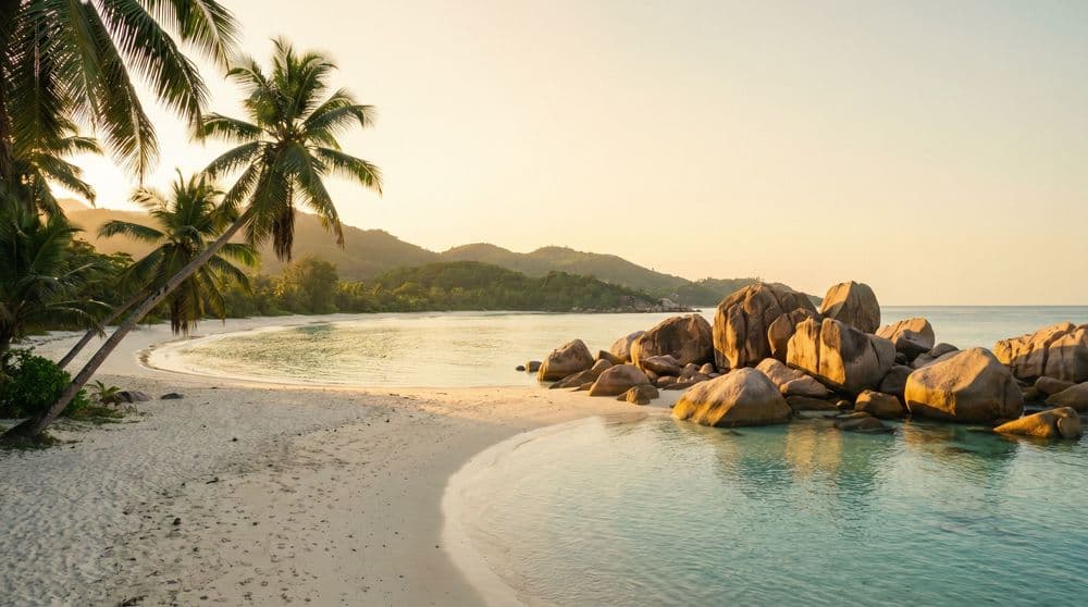 A small Koh Samui cove at golden hour, smooth granite boulders meeting calm clear turquoise shallows with coconut palms and forested hills behind