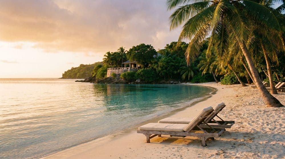 A quiet upscale Koh Samui bay at golden hour, empty wooden sun loungers on pale sand, a luxury villa half-hidden in greenery on the headland