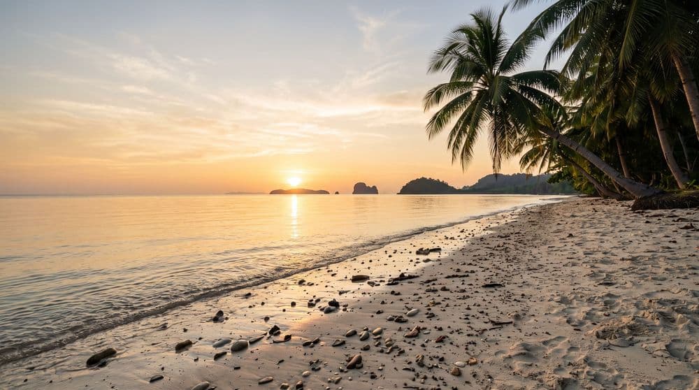 Golden-hour sunset over a calm sea with distant island silhouettes, seen from a quiet stony-sand beach with leaning coconut palms