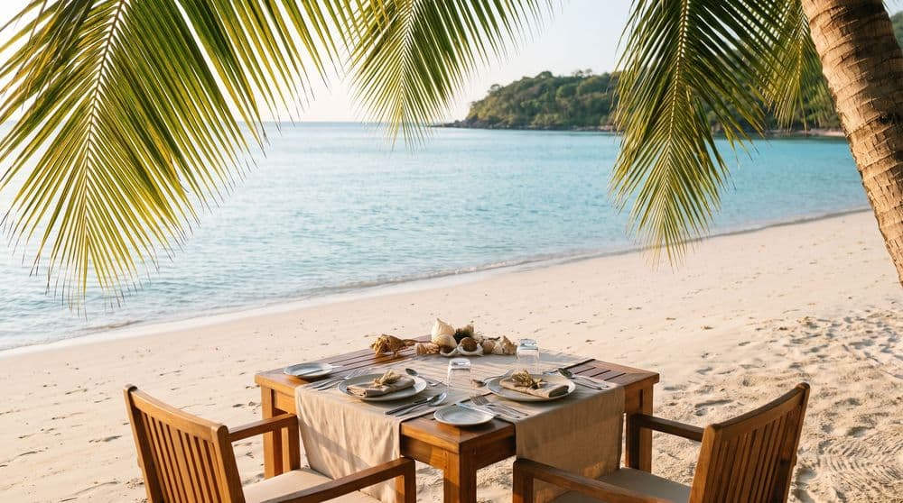 A wooden dining table for two set on pale sand at the edge of a calm turquoise bay, framed by palm fronds, green headland beyond
