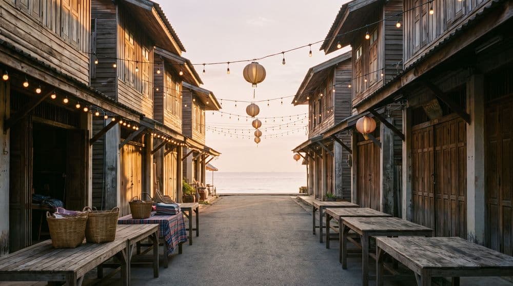Lane of old wooden shophouses at golden hour with festoon lights and paper lanterns strung overhead, empty market tables set out and the sea at the far end