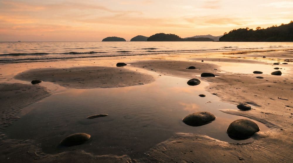 Low-tide pools mirroring a warm sunset sky on a flat quiet beach, smooth stones and distant islands on the horizon
