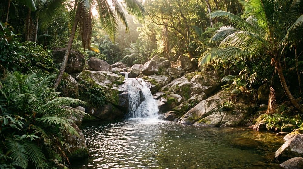 Golden-hour jungle waterfall cascading over mossy boulders into a clear swimmable pool, ferns and palms framing the water