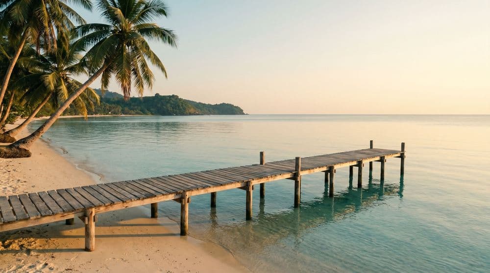 A wooden jetty reaching over a calm turquoise bay toward a green headland at golden hour, Koh Samui