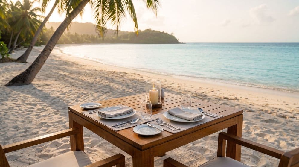 A candlelit beachfront dining table for two set on soft sand at the edge of a calm turquoise bay at golden hour