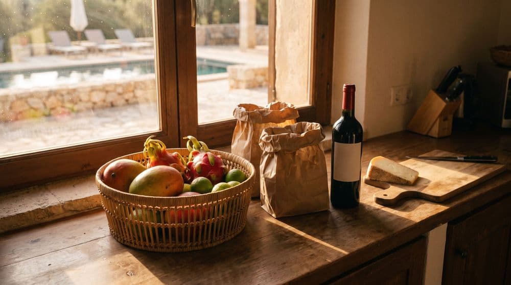 Golden-hour still life on a villa kitchen counter: a basket of tropical fruit, brown paper grocery bags, a bottle of wine and a wedge of cheese, with a pool terrace visible through the window
