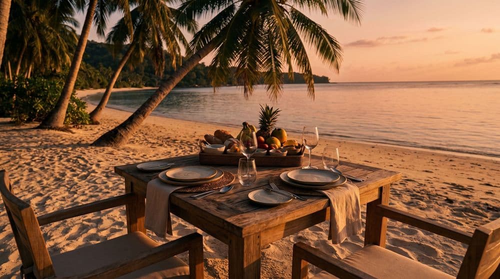 A wooden beach dining table set for two at golden hour, tropical bay beyond