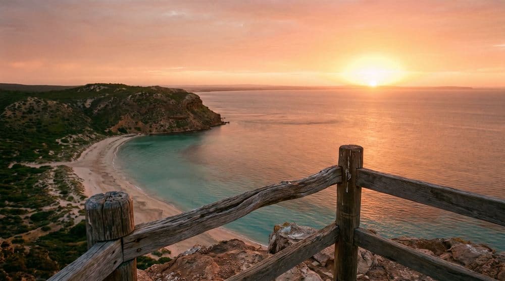 Golden-hour clifftop viewpoint over a calm curving bay at sunrise, wooden lookout railing in the foreground