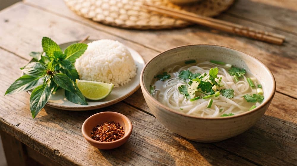 Close-up of a Thai rice noodle soup and jasmine rice plate on a rustic wooden table at golden hour