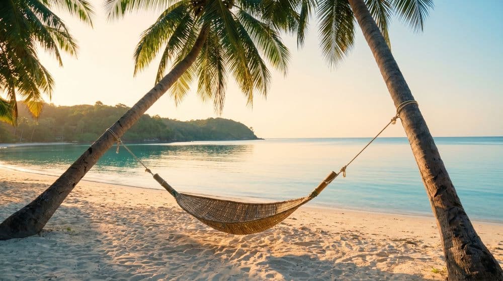 A woven hammock strung between two coconut palms over soft sand above a calm turquoise bay at golden hour