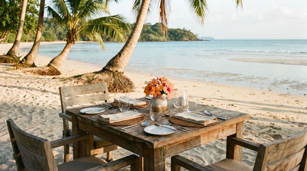 A wooden table set for dinner on the sand at the edge of a calm Koh Samui bay at golden hour, palms behind and a distant headland
