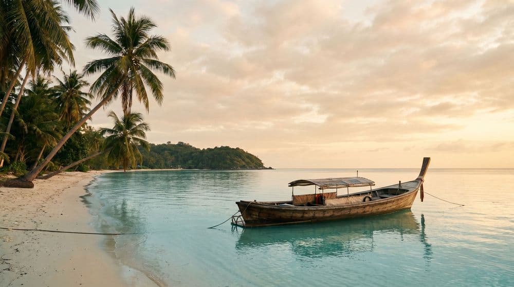A wooden longtail boat moored in calm turquoise shallows off a quiet pale-sand beach at golden hour, palms and a green headland behind