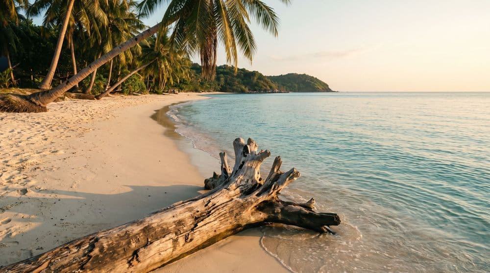 A weathered piece of driftwood on a quiet Koh Samui beach at golden hour, calm turquoise shallows and leaning palms beyond