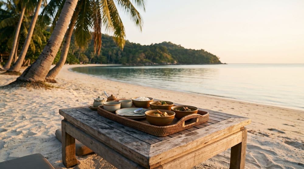 A rustic wooden table with a tray of Thai curries and rice set on a quiet golden-hour Koh Samui beach, palms and a green headland behind