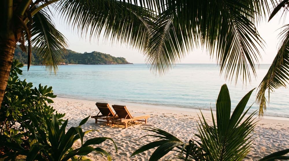Two empty wooden sun loungers side by side on quiet pale sand at golden hour, seen framed through palm fronds, calm turquoise bay and a green headland beyond