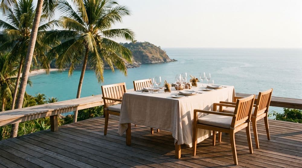 An elegant open-air terrace dining table set for a meal, high on a hillside overlooking a calm turquoise bay and a green headland at golden hour.
