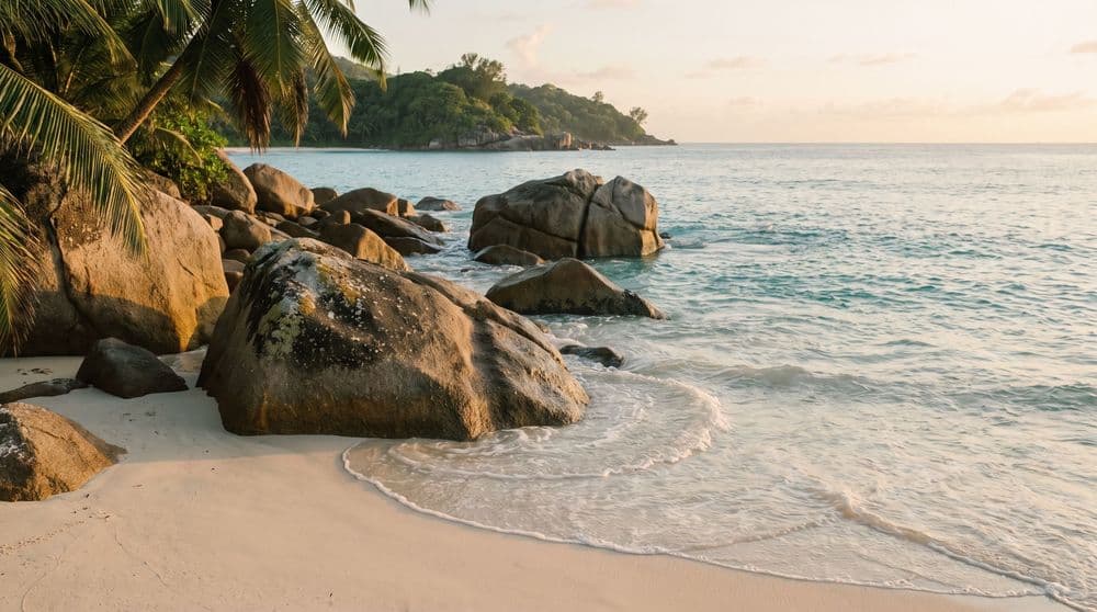 Golden-hour granite boulders and gentle turquoise surf on a quiet Koh Samui shore, palms leaning above and a distant green headland