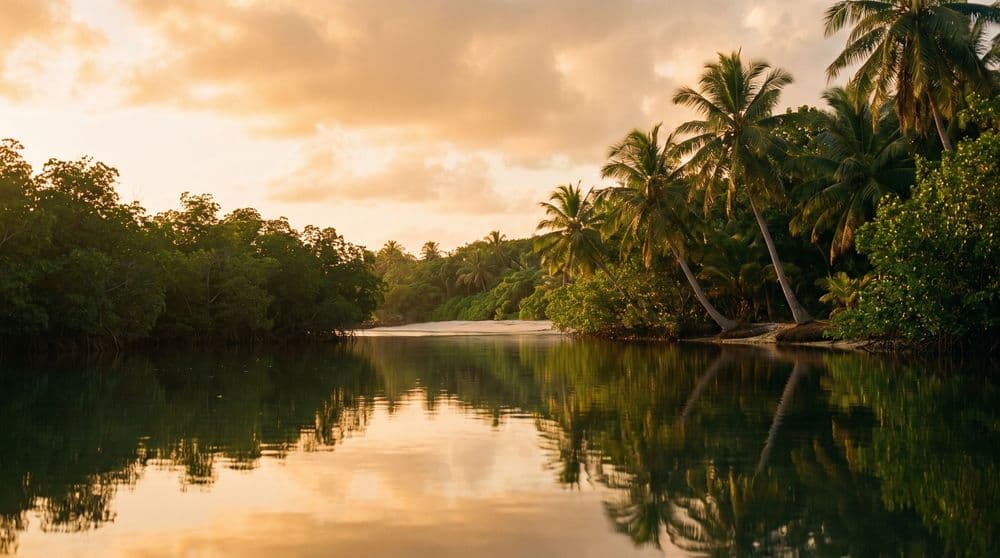 A still golden-hour tropical lagoon edged by mangroves and leaning coconut palms, a secluded pale-sand shore beyond