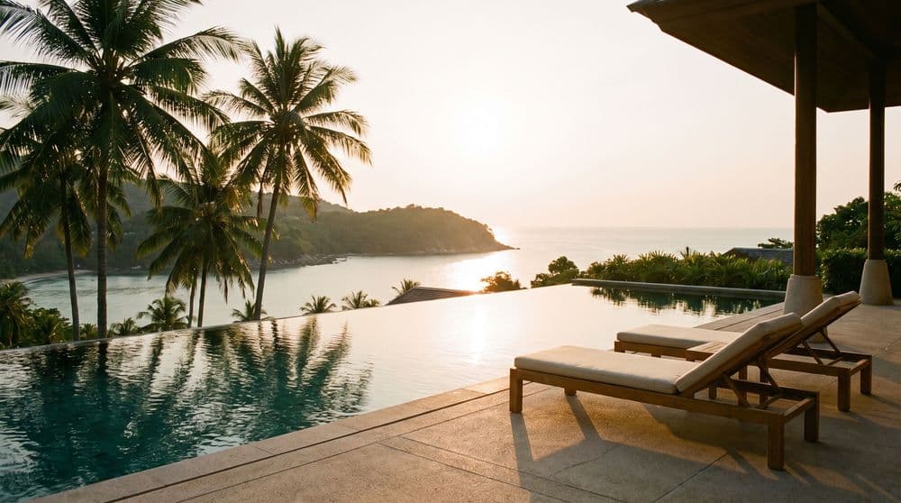 Golden-hour infinity pool terrace overlooking a calm Koh Samui bay
