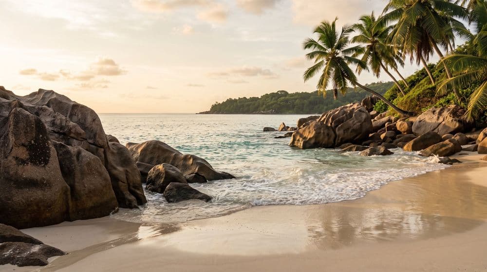 Golden-hour granite boulders and turquoise surf at a quiet Koh Samui cove, coconut palms leaning in from the headland