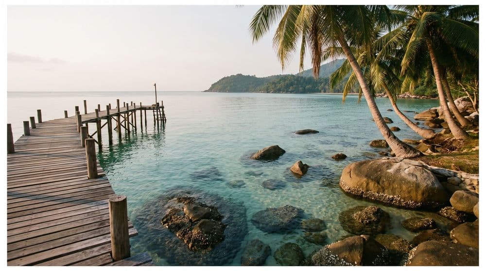 Golden-hour wooden jetty over exceptionally clear turquoise water with submerged rocks near a coconut-palm-lined shore, Koh Samui