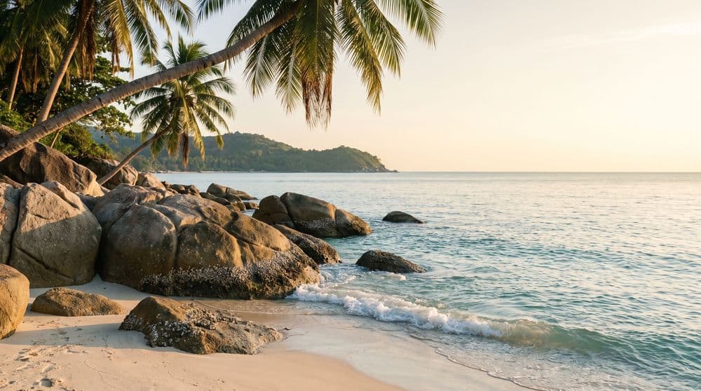 Golden-hour granite boulders and gentle turquoise surf on a quiet Koh Samui bay, coconut palms above, distant green headland