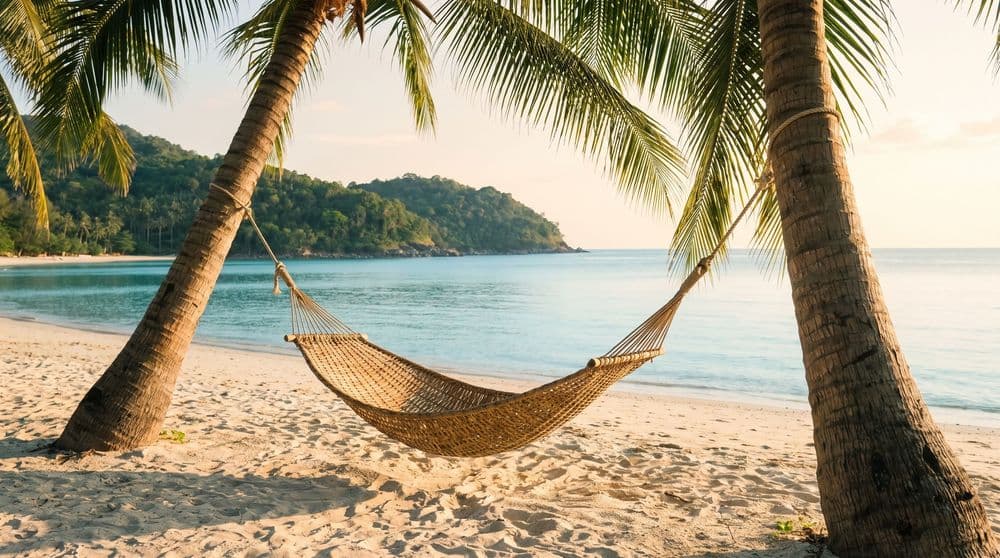 A woven hammock strung between two coconut palms over a quiet Koh Samui beach at golden hour, calm turquoise bay and a green headland beyond