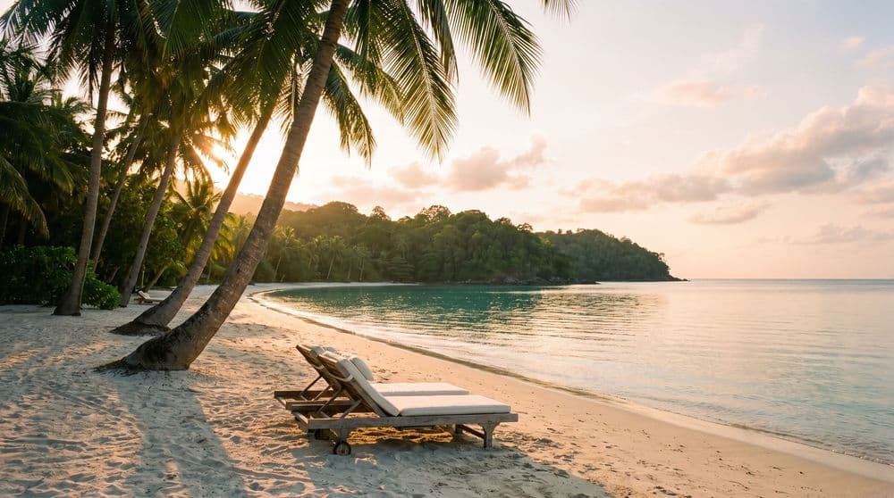 A quiet golden-hour Koh Samui bay with a single empty sun lounger by the water