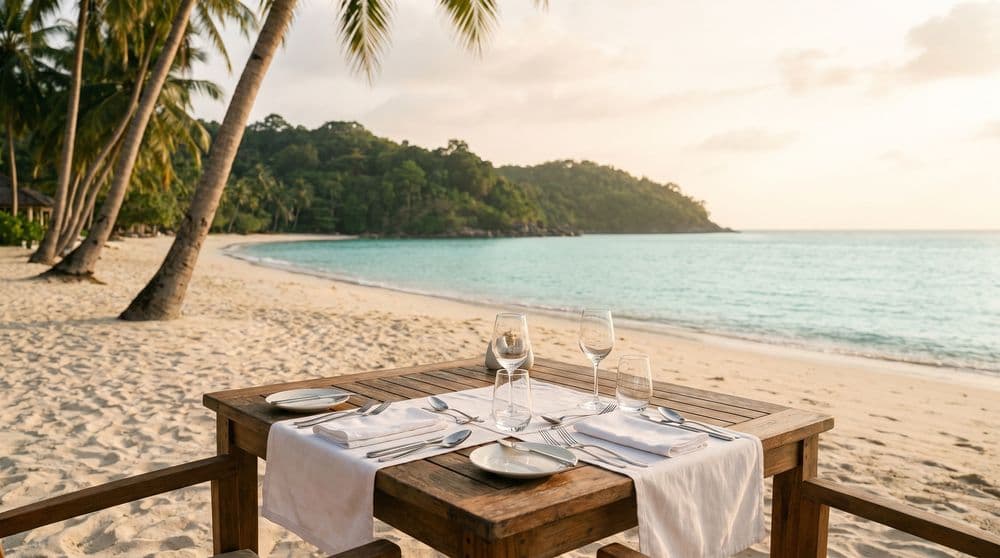 A beachfront dining table set for two on soft sand at golden hour, overlooking a calm turquoise bay in Chaweng, Koh Samui