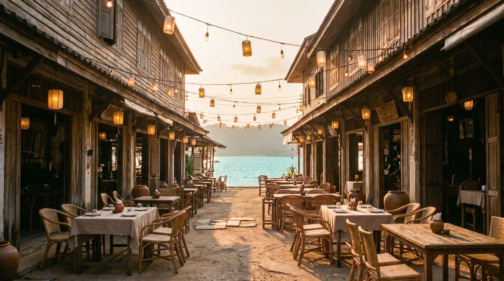 Golden-hour lane of wooden shophouse restaurants strung with warm lanterns leading toward a calm turquoise bay, Fisherman's Village style dining street