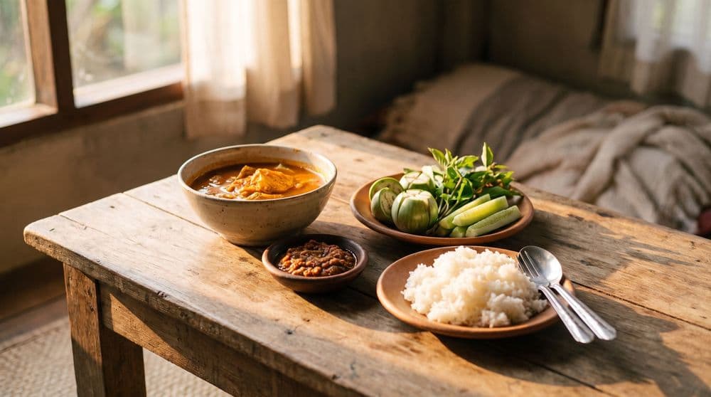 A rustic wooden table with a bowl of southern Thai sour fish curry, a small dish of chili paste dip, raw vegetables, and steamed rice, golden warm window light