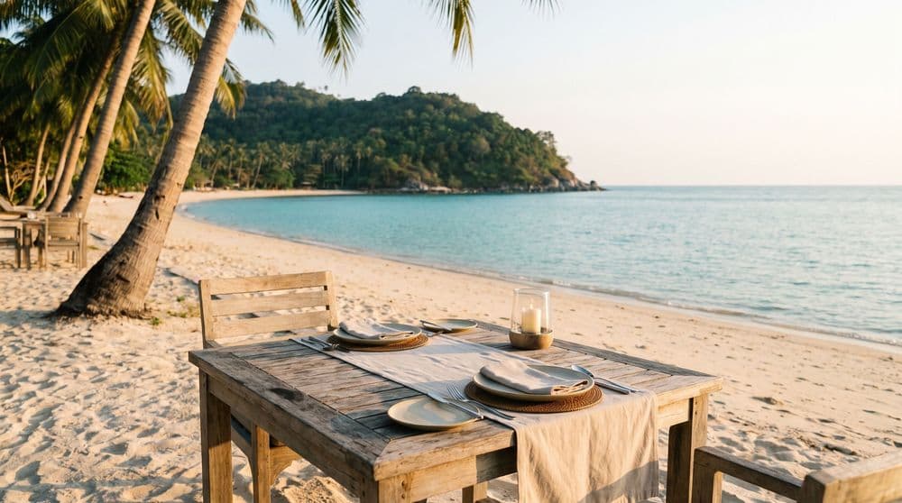 A beachfront dining table set for two on the sand at Lamai Beach, Koh Samui, at golden hour