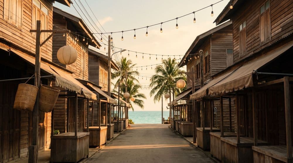A quiet golden-hour wooden shophouse market lane with string lights and paper lanterns, palms framing a glimpse of a calm turquoise bay at the end