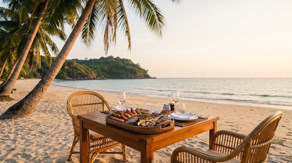 A beachfront table set with a whole grilled fish and prawns on a woven tray at golden hour, Koh Samui