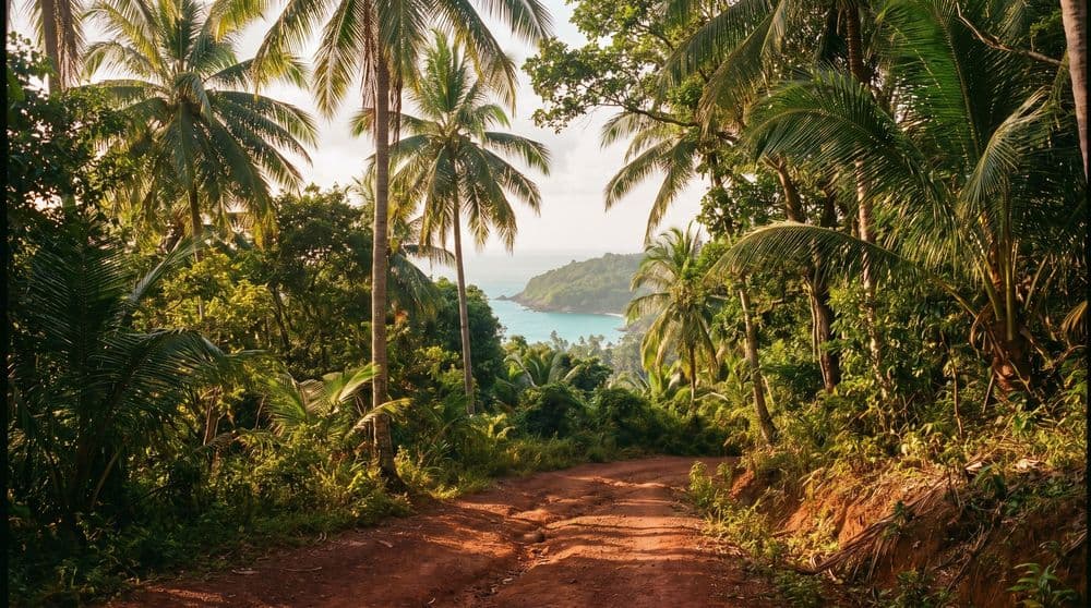 A red-dirt jungle trail winding through coconut palms on a Koh Samui hillside, with a calm bay and green headland visible below