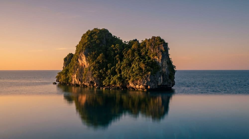 A steep jungle-covered limestone island rising from a calm glassy sea at golden hour