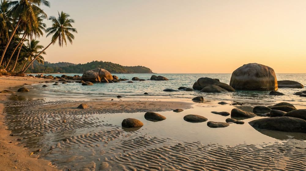 Golden-hour low tide on a boulder-strewn tropical shore, shallow tide pools reflecting a warm sky, coconut palms and a green headland beyond