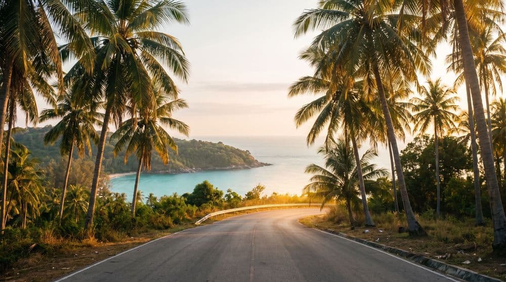 A paved coastal road winding downhill through leaning coconut palms toward a calm turquoise bay in golden-hour light