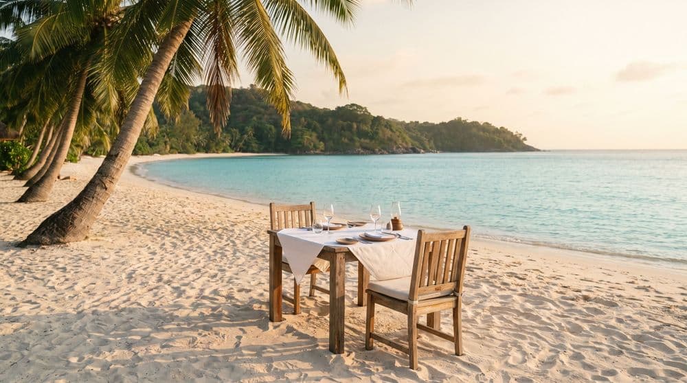 A set wooden dining table for two on soft sand at the edge of a calm golden-hour tropical bay, palms leaning in, green headland beyond