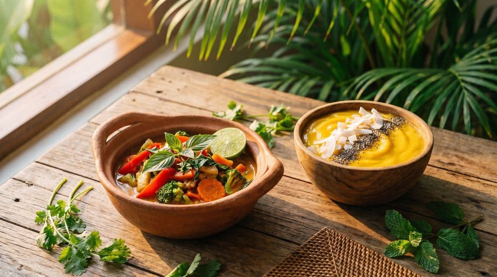 Two wooden bowls of plant-based Thai food, a vegetable curry and a mango smoothie bowl, on a rustic table in warm golden-hour light