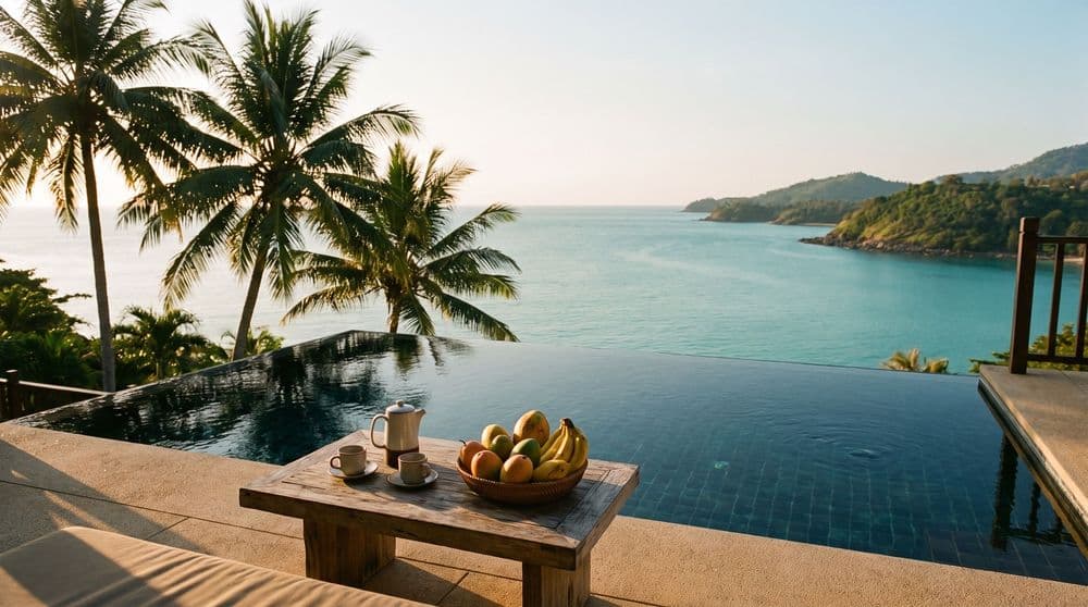 Golden-hour infinity pool on a private villa terrace overlooking a calm turquoise bay with palms and a green headland, a wooden table set with coffee and tropical fruit